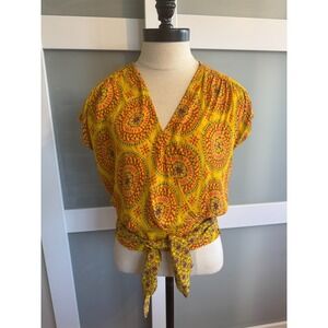 Maeve by Anthropologie Fete Yellow Wrap Top XS Boho Cinco de Maya Mandala